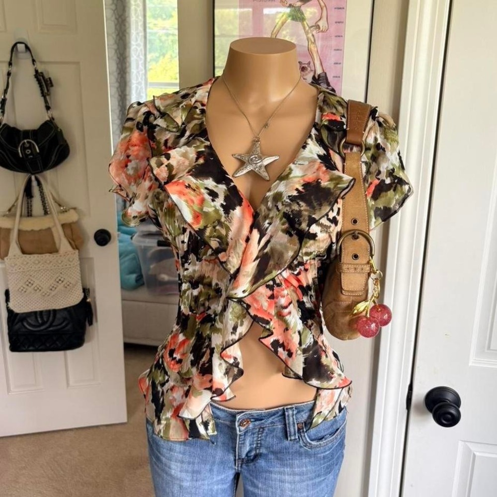 y2k 2000s fairy floral ruffle blouse sheer flowy boho top